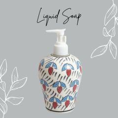 Khurja Pottery Dispenser Big Sky Blue Red Leaf f|Hand Paited Ceramic Liquid Soap Dispenser with Pump| Bathroom Liquid Soap Dispenser |Kitchen Liquid Soap Dispenser