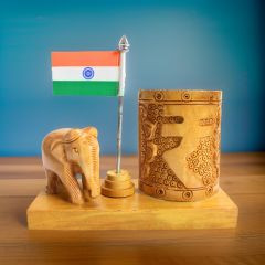 Half Pen Stand with Indian Flag & Elephant (7) || 4 inch || Natural Color || Saras Aajeevika
